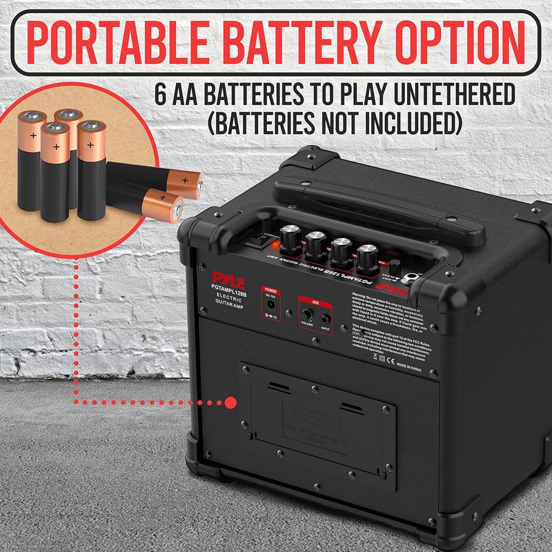 Pyle Portable Electric Guitar Amp - Battery or Wall Power Mini 10 Watt Mini Practice Instrument Amplifier w/ 5" High Definition Speaker, Headphone Out, Volume, Bass, Treble, Distortion, Gain Controls - Image 2